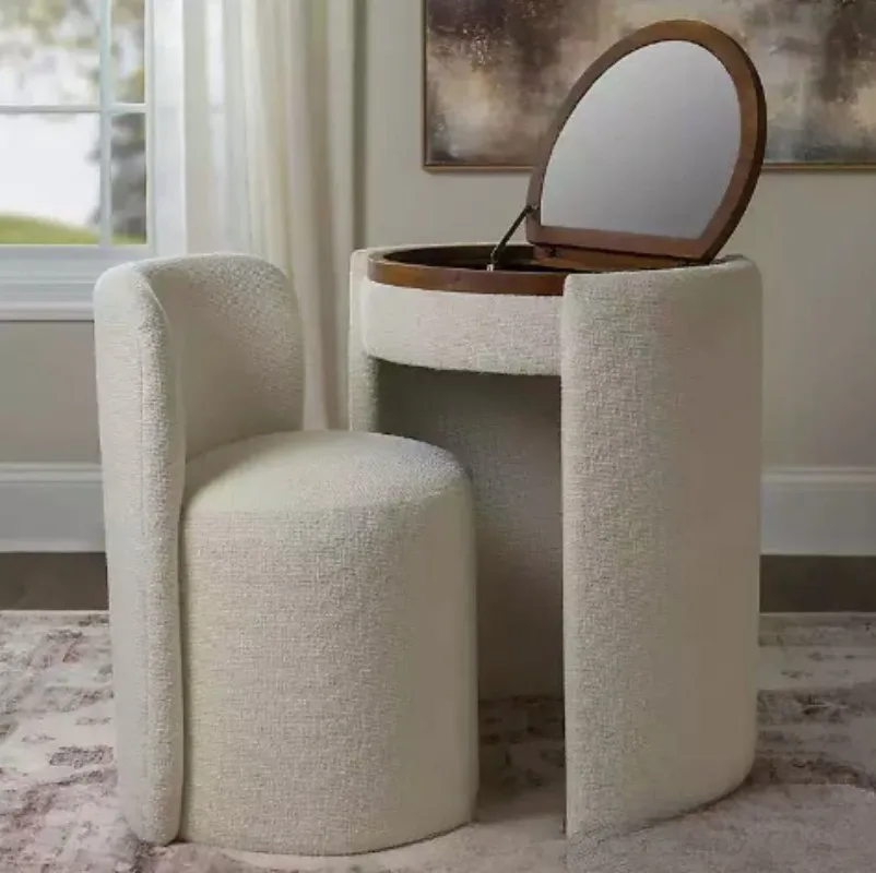 Ivory Dressing Table Set with Flip Round Mirror Padded Dressing Chair Modern Bedroom Makeup Vanity Table and Chair Furniture Set