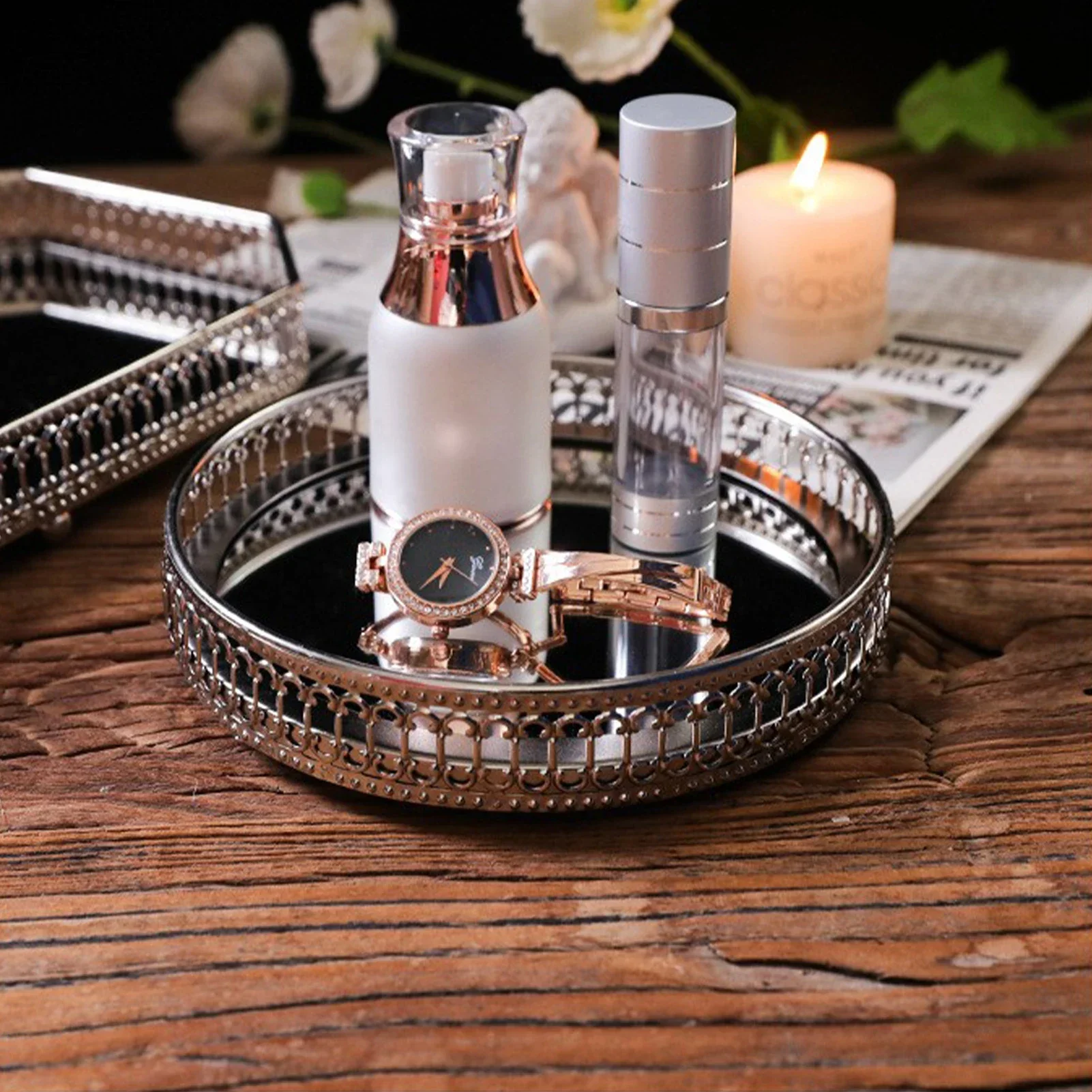 Hollowed Out Gold Silver Mirror Tray Geometry Shape Metal Decor Tray Cosmetic Container For Tableware Table Decor Service Tray