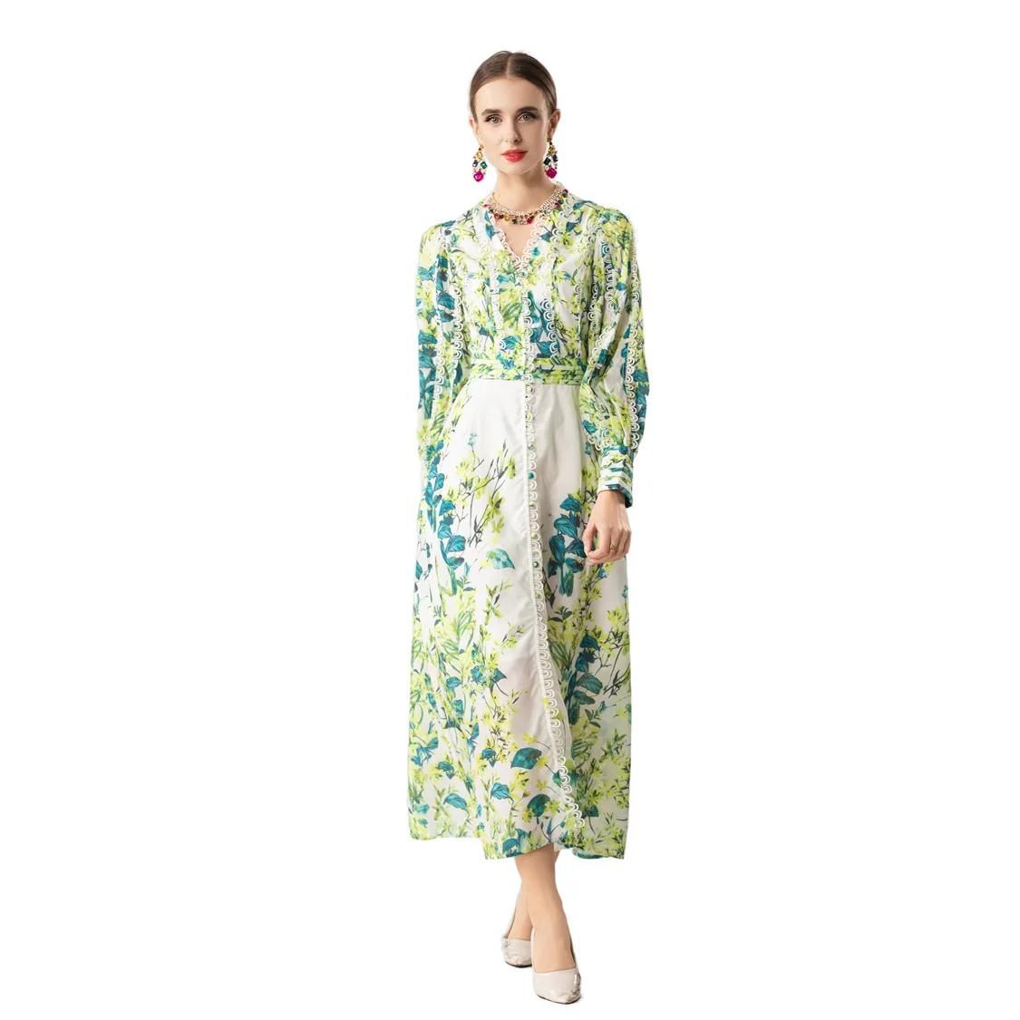 

High Quality Neckline Lace Retro Single-breasted Long-sleeved Summer Dress