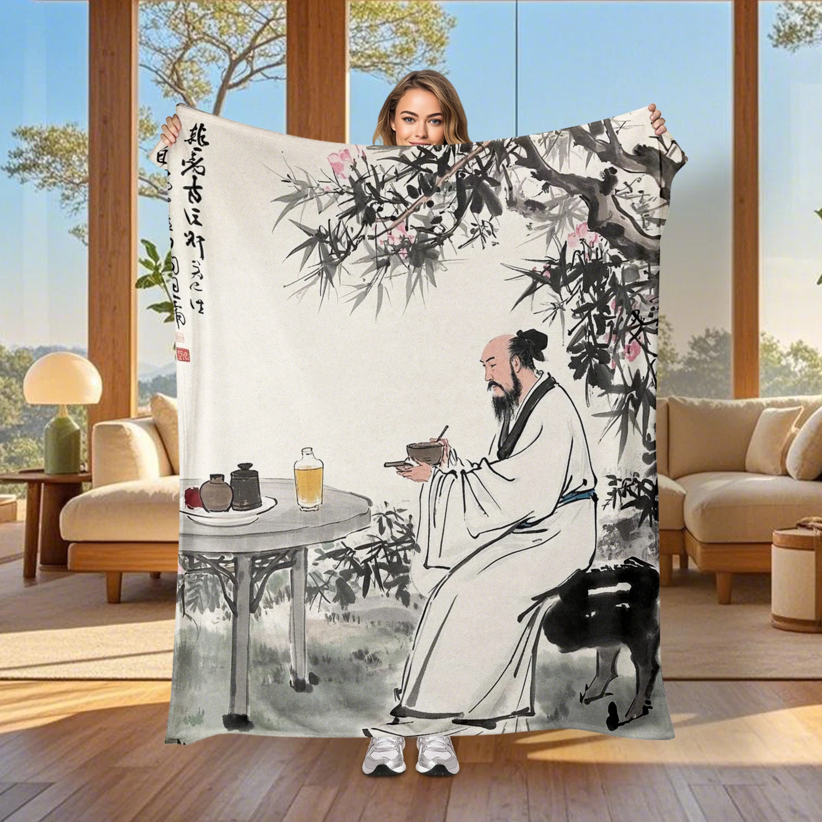 Unique Ink Art Of Ancient Scholars Reading And Poetry Blanket Brings Serenity And Cultural Richness