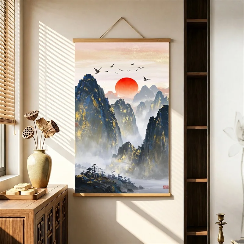 Wall Decor Five Element Mountains beneath a Red Sun, Chinese Symbolic Pearlescent Canvas Wall Hanging Scroll for Meditation Room
