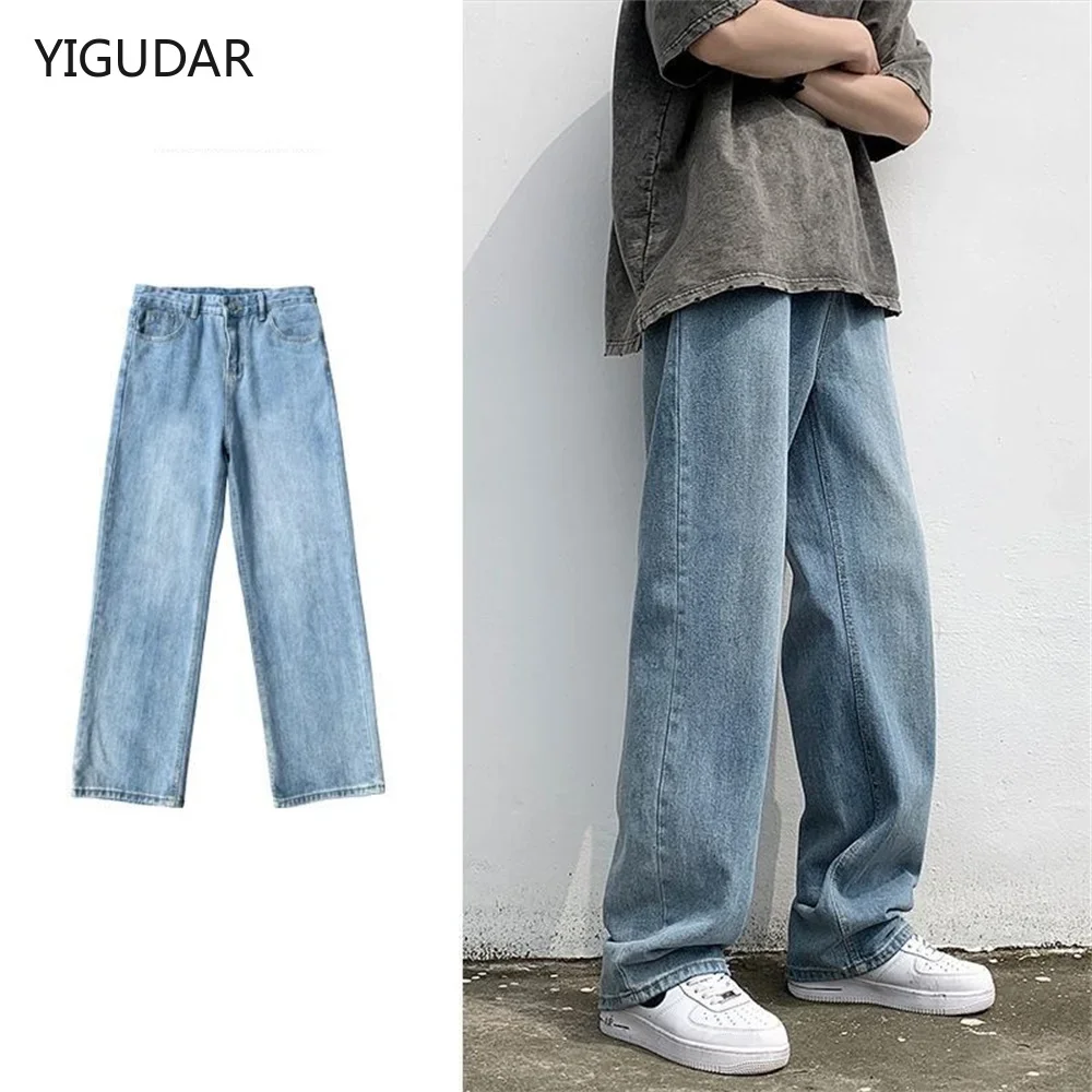 

Осень 2024, новая уличная одежда, мешковатые джинсы, мужские корейские модные свободные прямые широкие брюки, мужская брендовая одежда, черный, светло-синий