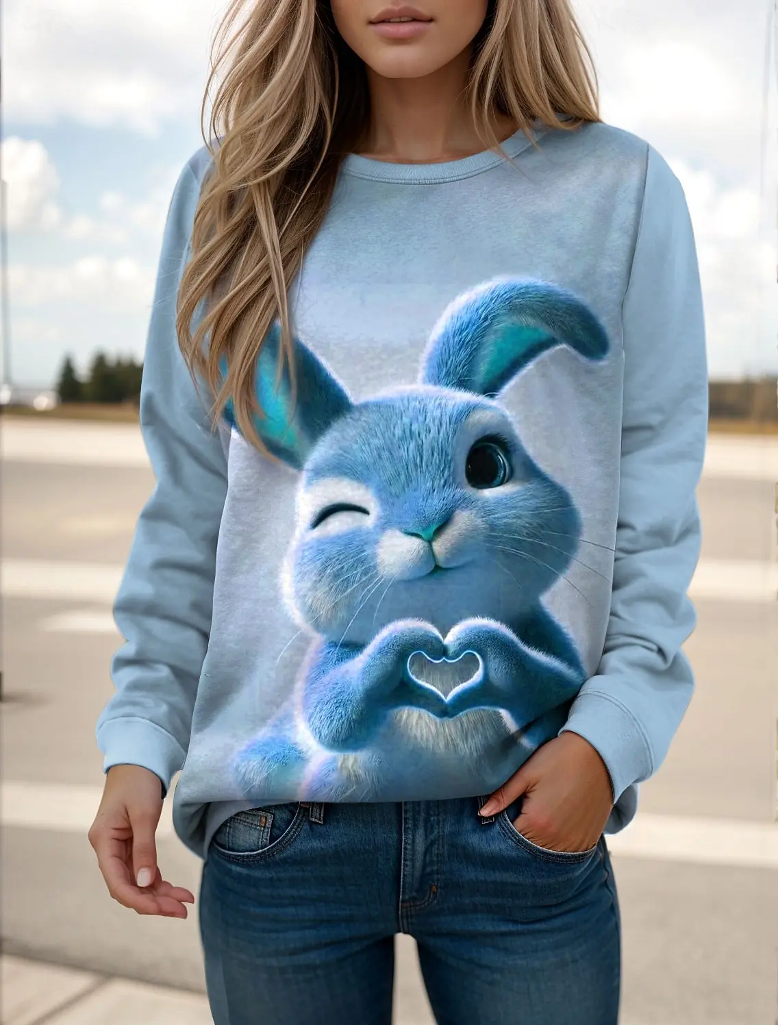 أزياء المرأة لطيف أرنب الجرافيك بلوزات 3D طباعة س الرقبة طويلة الأكمام قمم الملابس النسائية Y2K الشارع الشهير الخريف البلوز