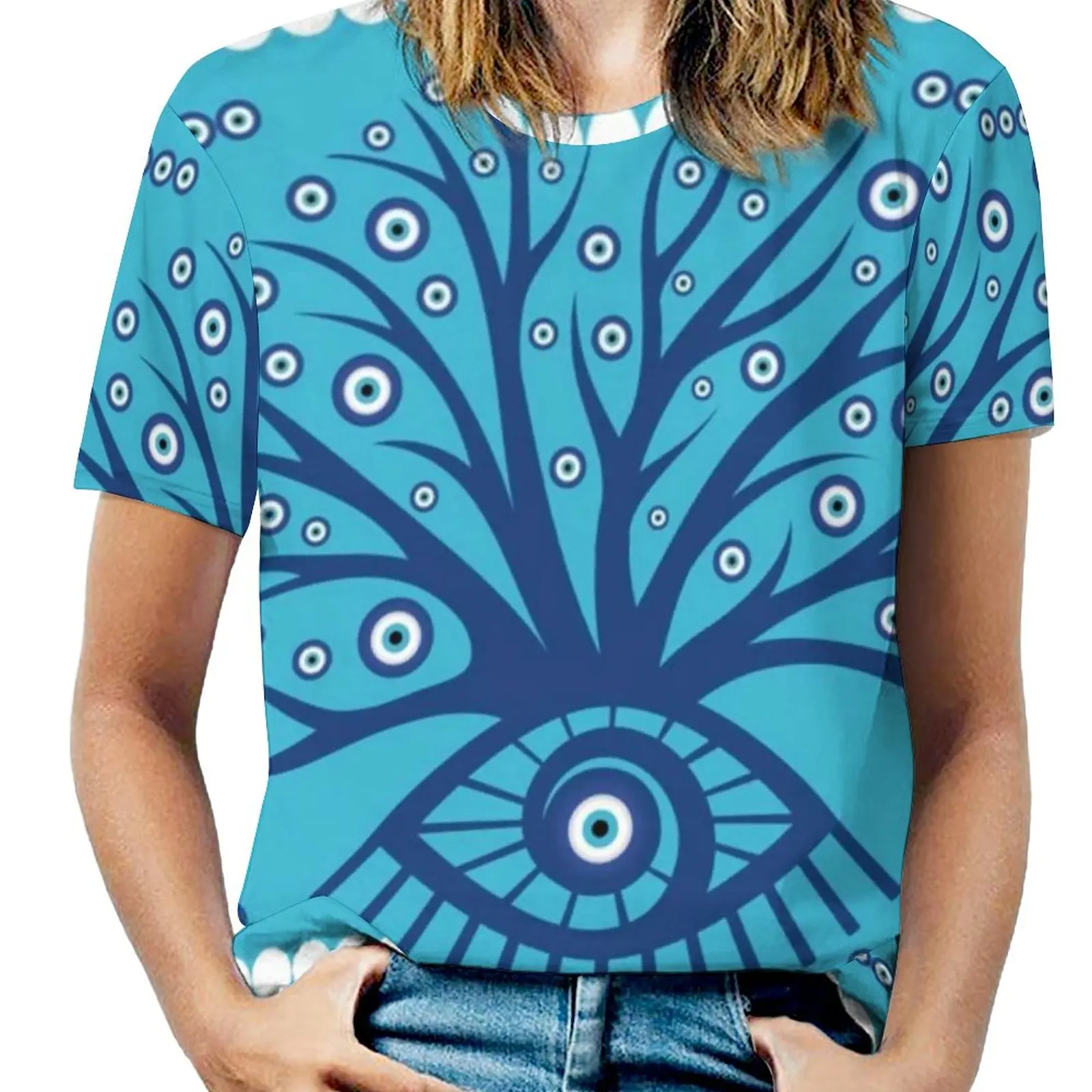 Greek Eye Tree T-Shirt Evil Eyes Mati Mataki On Sky Blue T Shirts Short-Sleeve Street Style Tshirt Beach Tops Big Size 5XL 6XL