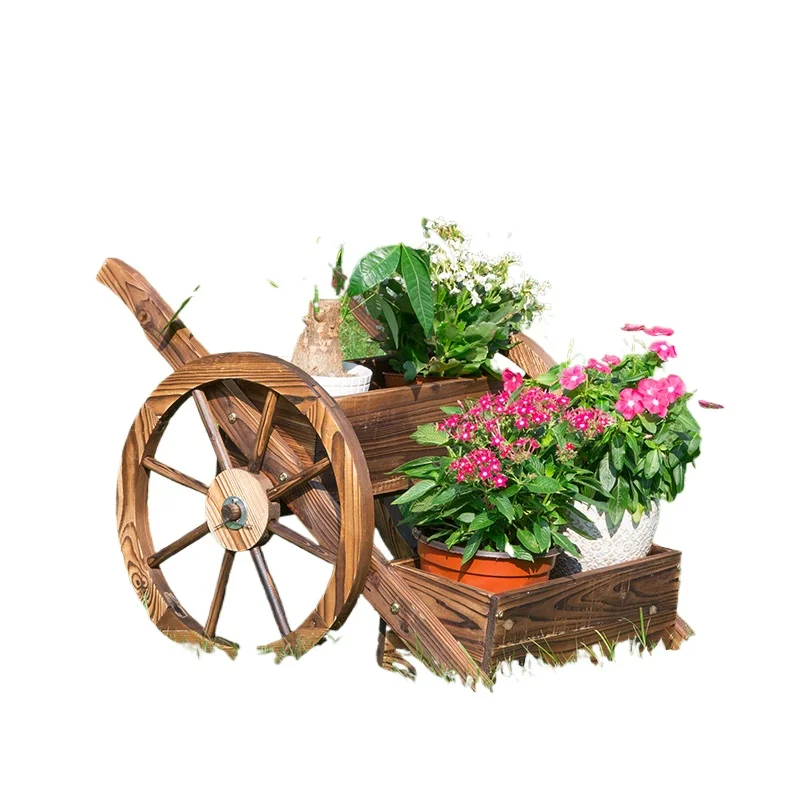 

Rustic Outdoor Flower Box Carbonized Wood Multi-Tier Plant Stand All-Weather Patio Garden Decor Cart
