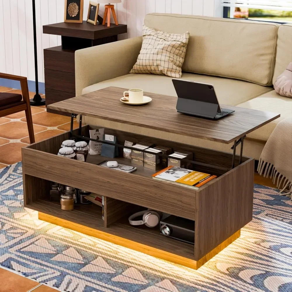 Coffee Table TV Stand, LED Lift-Up, Holds 70-Inch TV with Hidden Compartments, Living Room Coffee Table and TV Stand