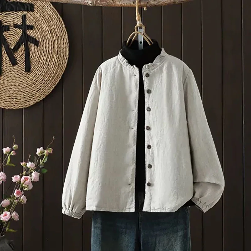 

Literary Retro Cotton Linen Clip Cotton Collar Ms. Cotton-padded Jacket Winter Solid Color Simple Loose Casual Cotton-padded Coa