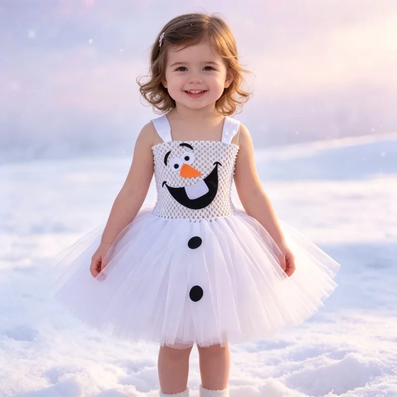 

Girls' White Christmas Tutu Dress, Christmas & Halloween Festival Costume, Cute Cartoon Kids Dress, Party & Performance Outfit