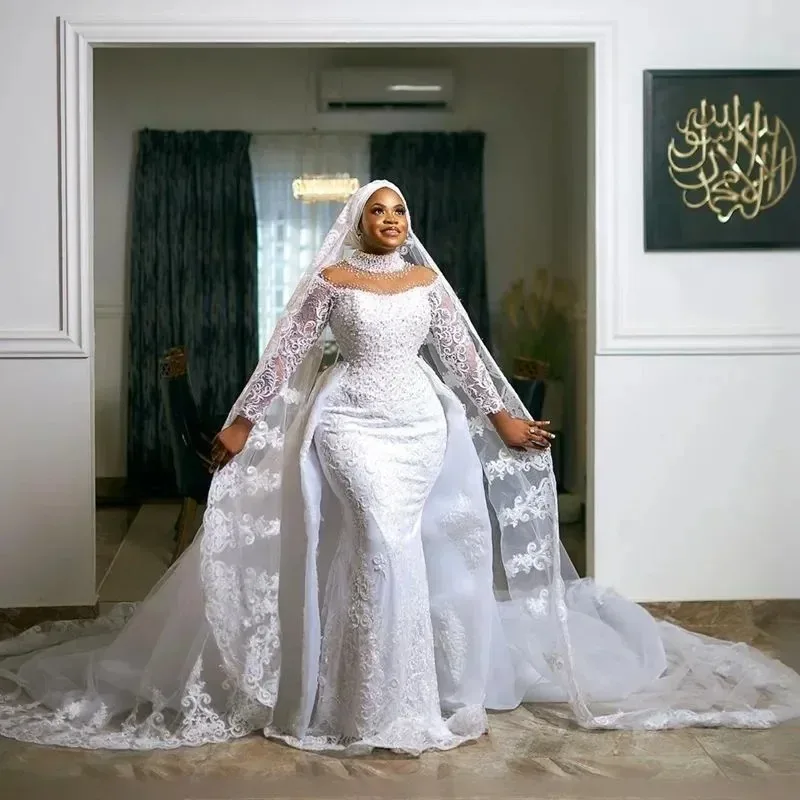 

Customized Plus Size Arabic African Wedding Dress Bridal Gowns Detachable Train Mermaid Pearls Lace High Neck Vestidos De Novia