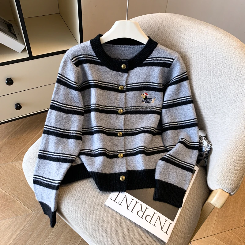 

Вязаный открытый кардиган в полоску в стиле ретро, круглый женский свитер для ленивого колледжа Ne, верхняя одежда, топ из полиэфирного волокна 00%