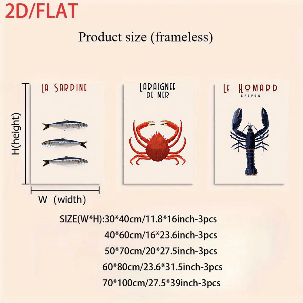 Multiple sizes 3pc frameless Canvas Painting three-panel decorative paintings of marine life: sardines, crabs, and lobsters (fra