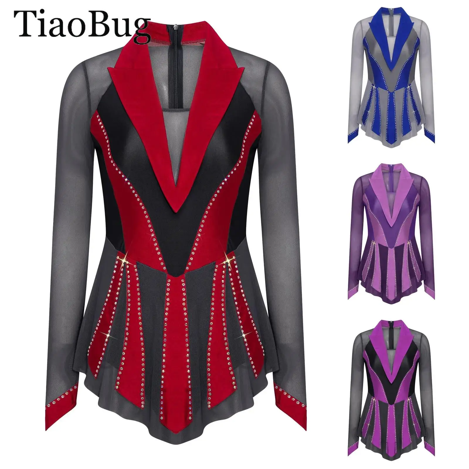 

Women Figure Skating Dresses Glittery Rhinestone Lyrical Dance Dress Sheer Mesh Ruffled Ballet Gymnastics Leotard Bodysuit Wear