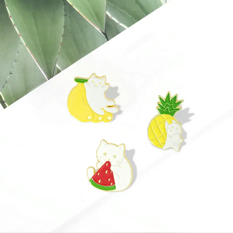 Fruit Cats Enamel Pins Custom Pineapple Blueberry Banana Watermelon Orange Brooch Lapel Badge Bag Cartoon Jewelry Gift for Kids