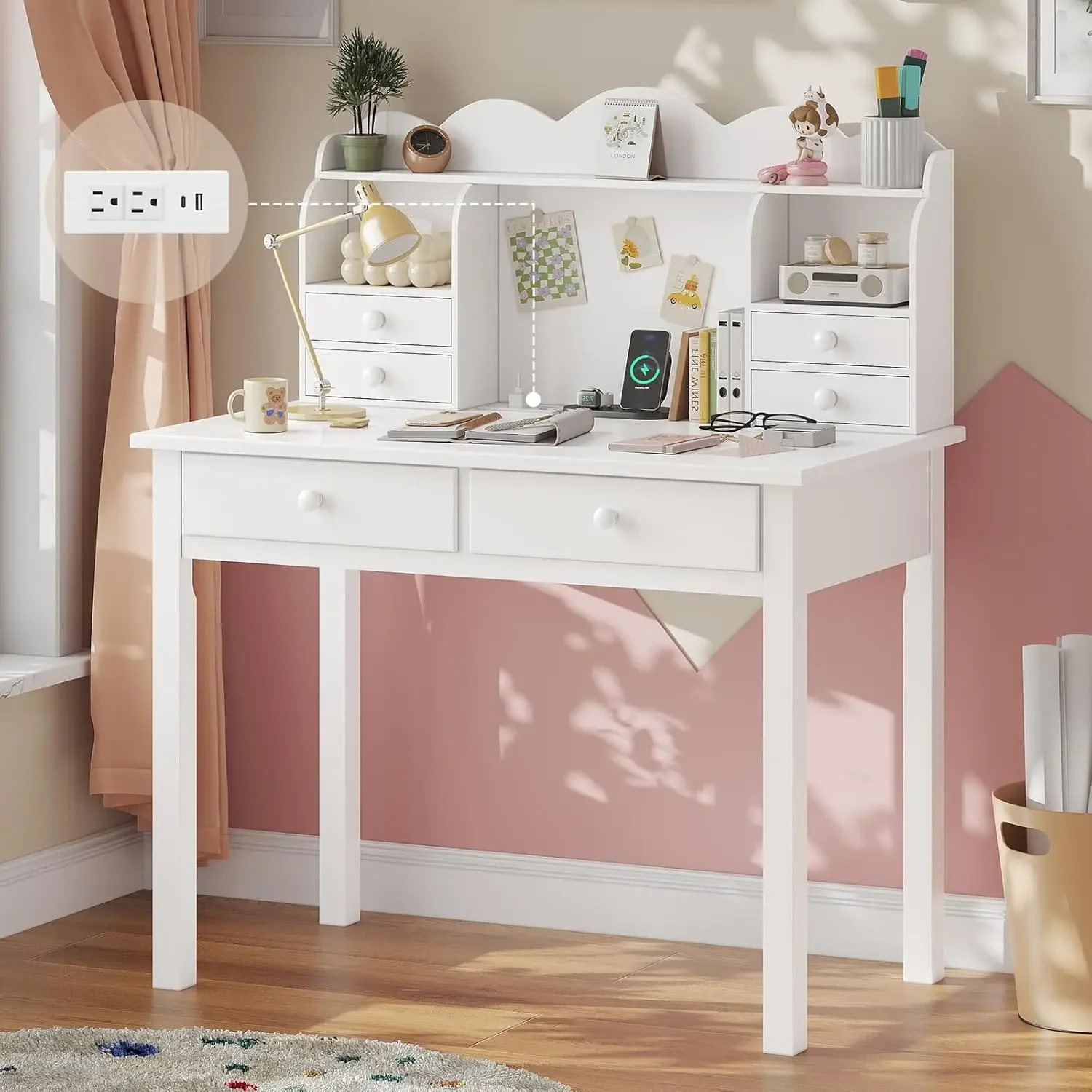 Small White Writing Desk with Hutch and USB Ports, 31.5 inch Home Office Desk with Drawers, Study Table for Kids/Studen