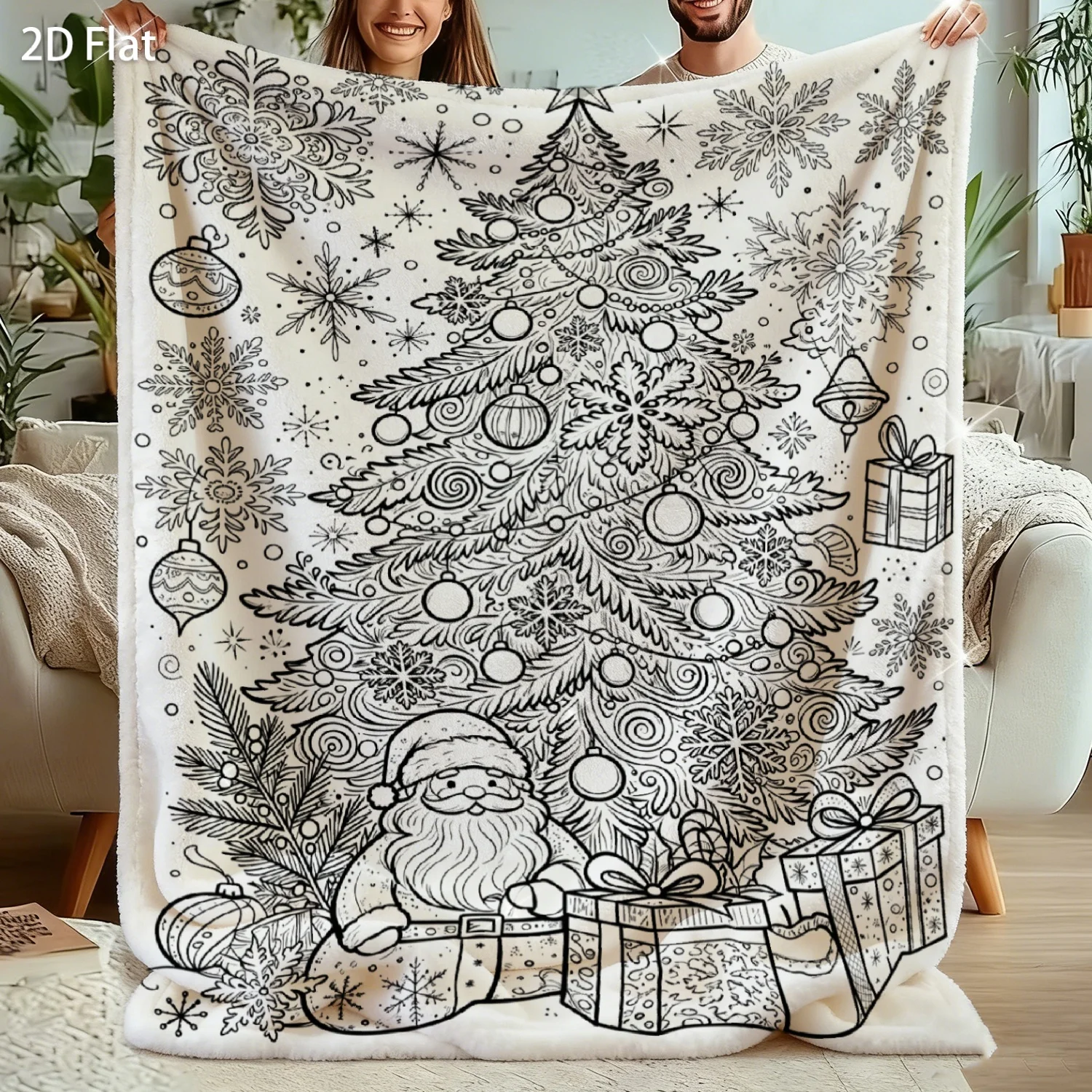 1pc 2D Flat Christmas Tree Santa DIY Coloring Blanket, Mandala Line Art Throw, Holiday Home Decor & Christmas Gift