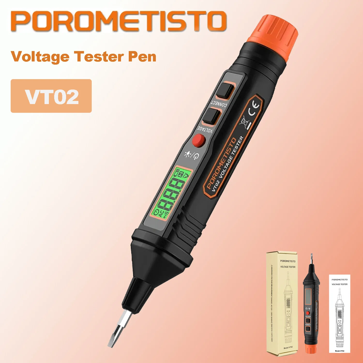 POROMETISTO VT02 Non-Contact Voltage Tester Digital Voltage Detector 12V-300V Smart Test Pen Breakpoint Finder Tester Voltmeter