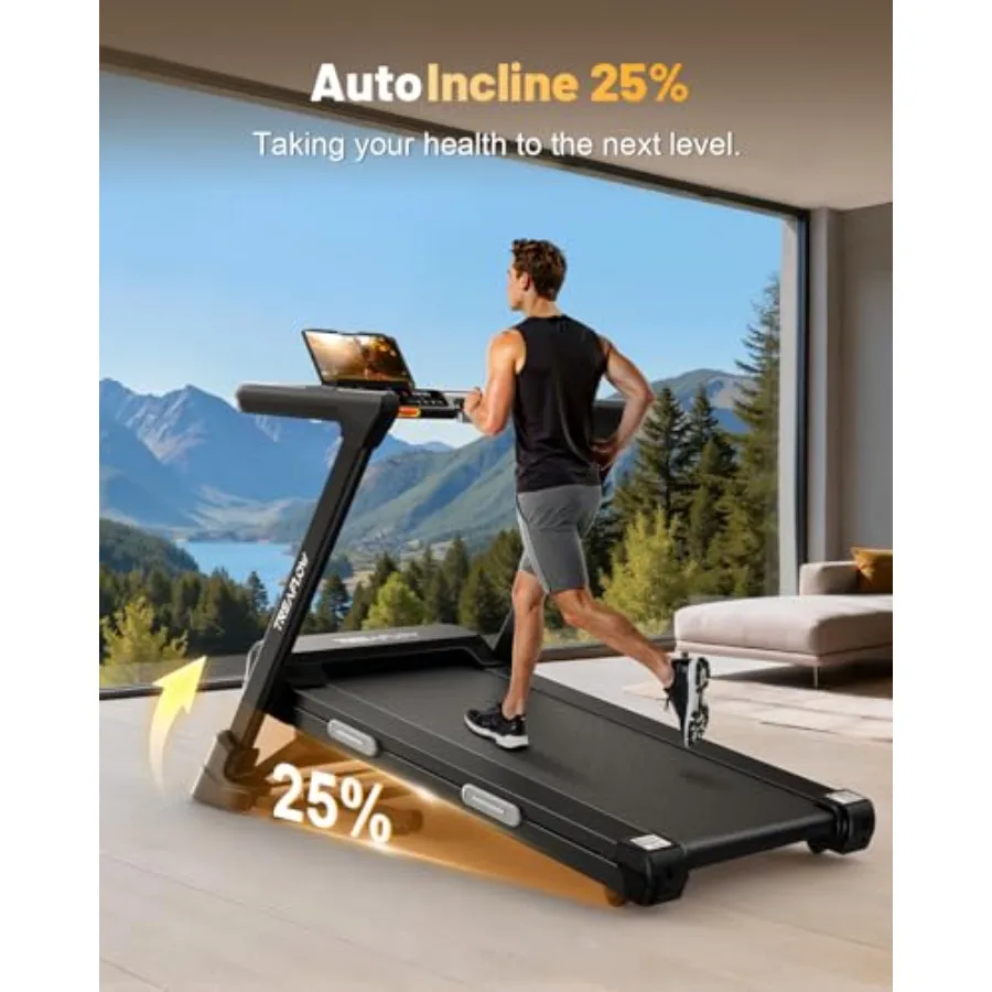 Home treadmill with 0-25 auto incline 3.5 HP motor folding design black finish 10.0 MPH max speed 300 lbs ccity built-in Blueto