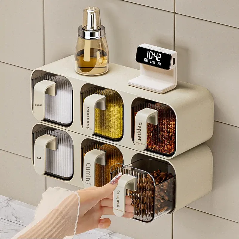Caja de especias múltiple integrada montada en la pared, artículos de cocina para el hogar, almacenamiento a prueba de humedad, estante de lata de plástico para condimentos de sal