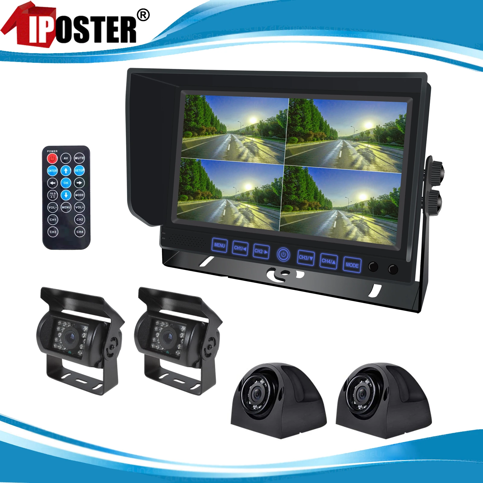 

iPoster 7" IPS Screen QUAD Monitor DVR Loop Recording Max 256GB+4x AHD 1080P Rear View Reversing Camera For Truck Rv Caravan Bus