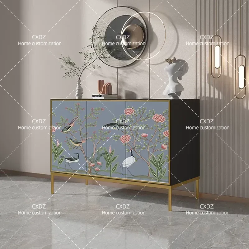 Chinese Flower and Bird Pattern Light Luxury Dining Side Cabinet Shoe Storage Unit for Hotel Homestay Club Restaurant Bedroom