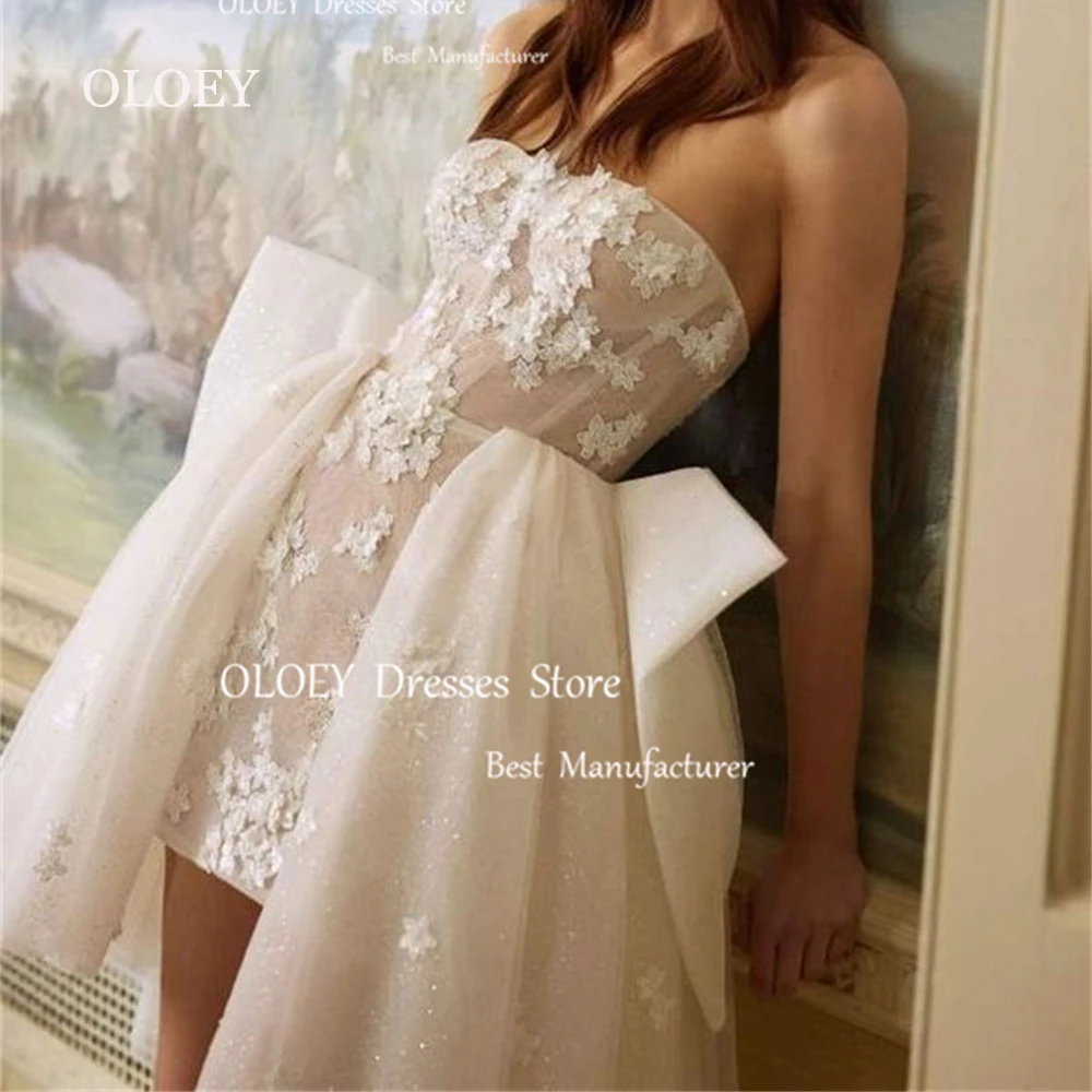 OLOEY Glitter Lace Mini Wedding Dresses Photoshoot Strapless Bridal Gowns Bow Back Pleated Silky Tulle Vestido De Noiva Corset