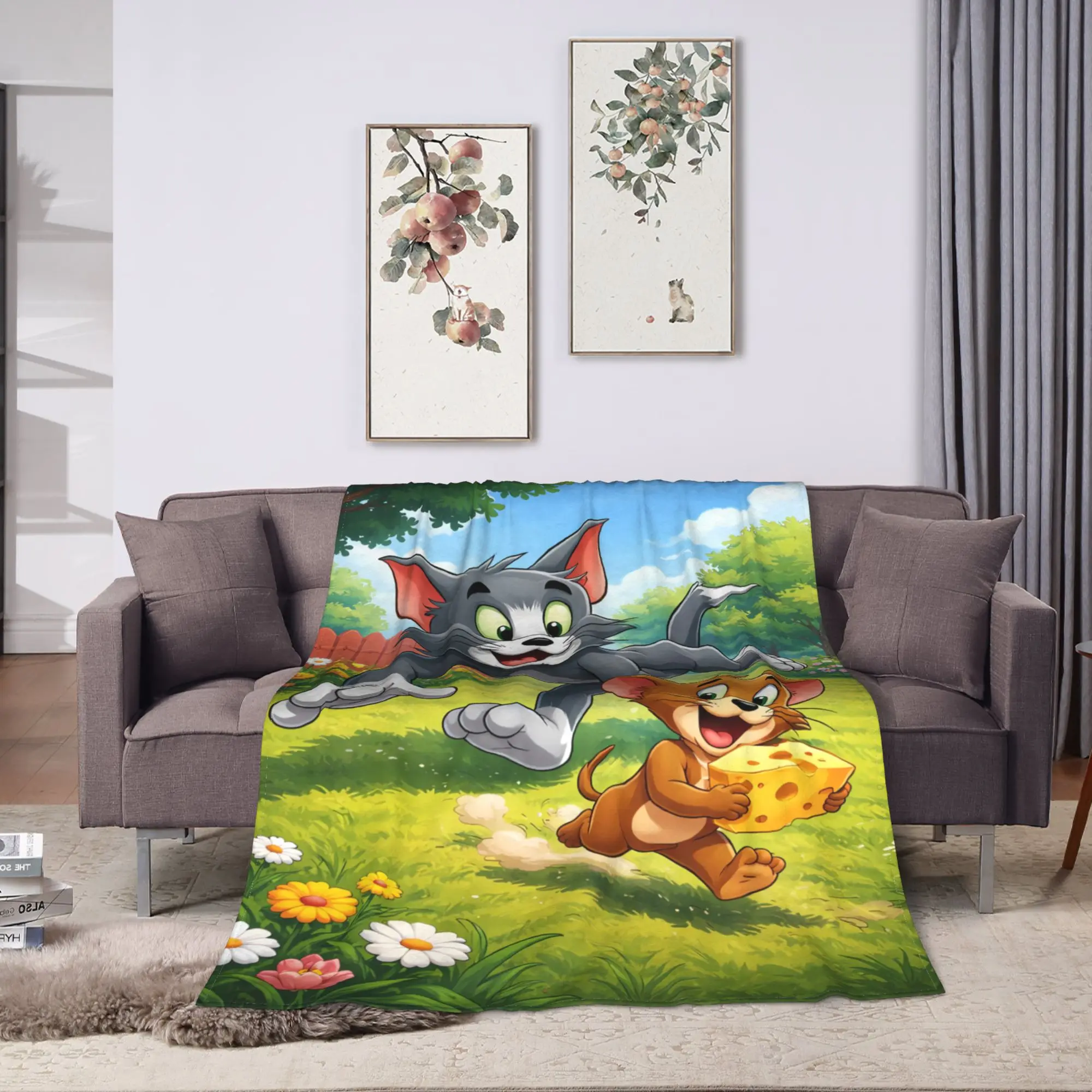 Warm Soft Blankets Decorative Tom Jerry Grass Anime Throw Blanket  Flannel Bedspread For Couch Chair Sofa Bed Sofa Bed Cover