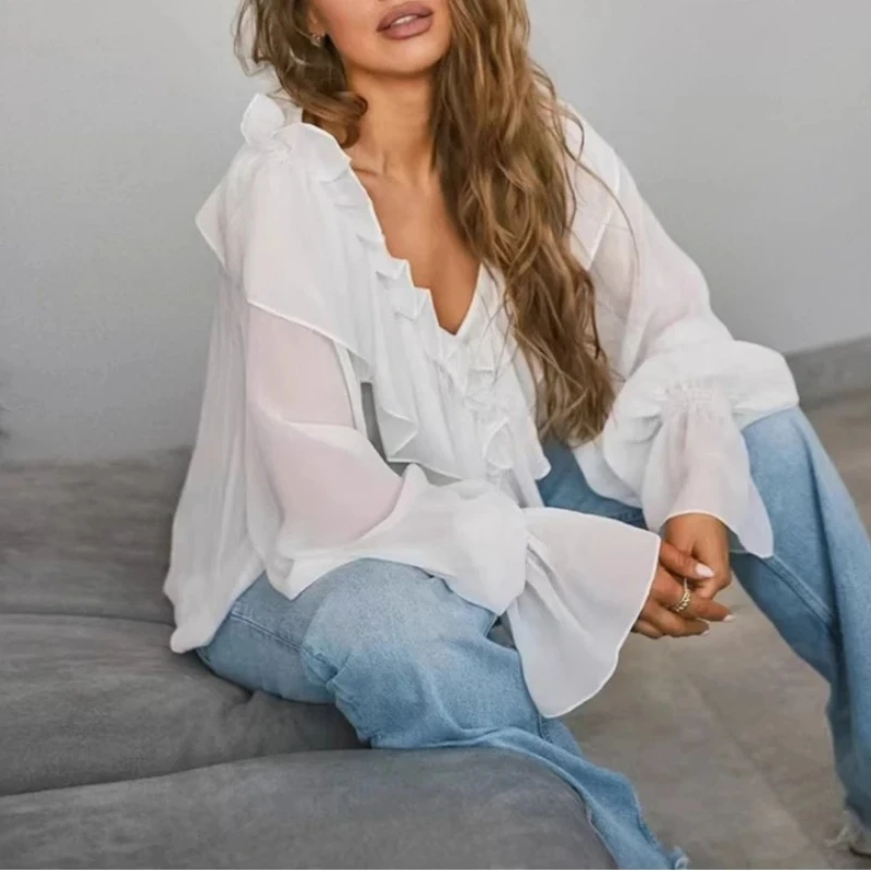 2025 Spring Autumn New Ruffle Loose V-neck Hooded Chiffon Sweater White