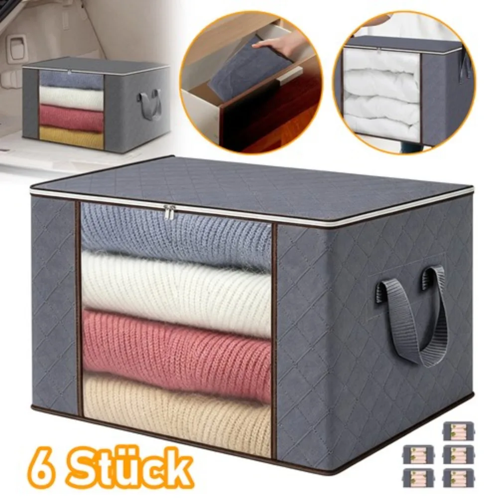 Lot de 6 conteneurs de rangement pliables en tissu gris, capacité de 90 L, équipés d'un couvercle anti-poussière, d'une fenêtre transparente et de poignées durables, solution de rangement efficace pour les couettes, les draps, les coussins et la collection de jouets pour enfants.