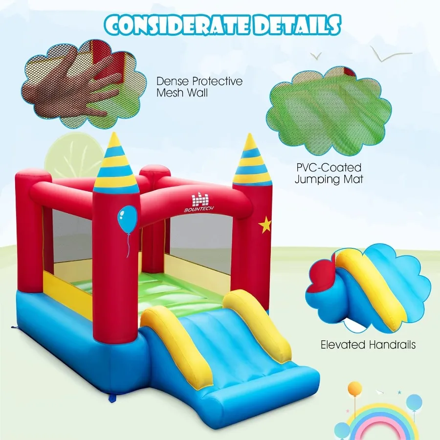 Casa inflable de rebote, casa hinchable para niños de 3 a 10 años, familia interior y exterior con gran área de salto, tobogán, soplador de 480w, mini hinchable