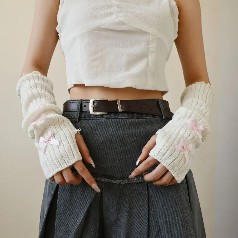 

Новые длинные перчатки на запястье Y2k, вязаные теплые перчатки с бантом и звездами, морозостойкие перчатки без пальцев с накладными рукавами, аксессуары JK