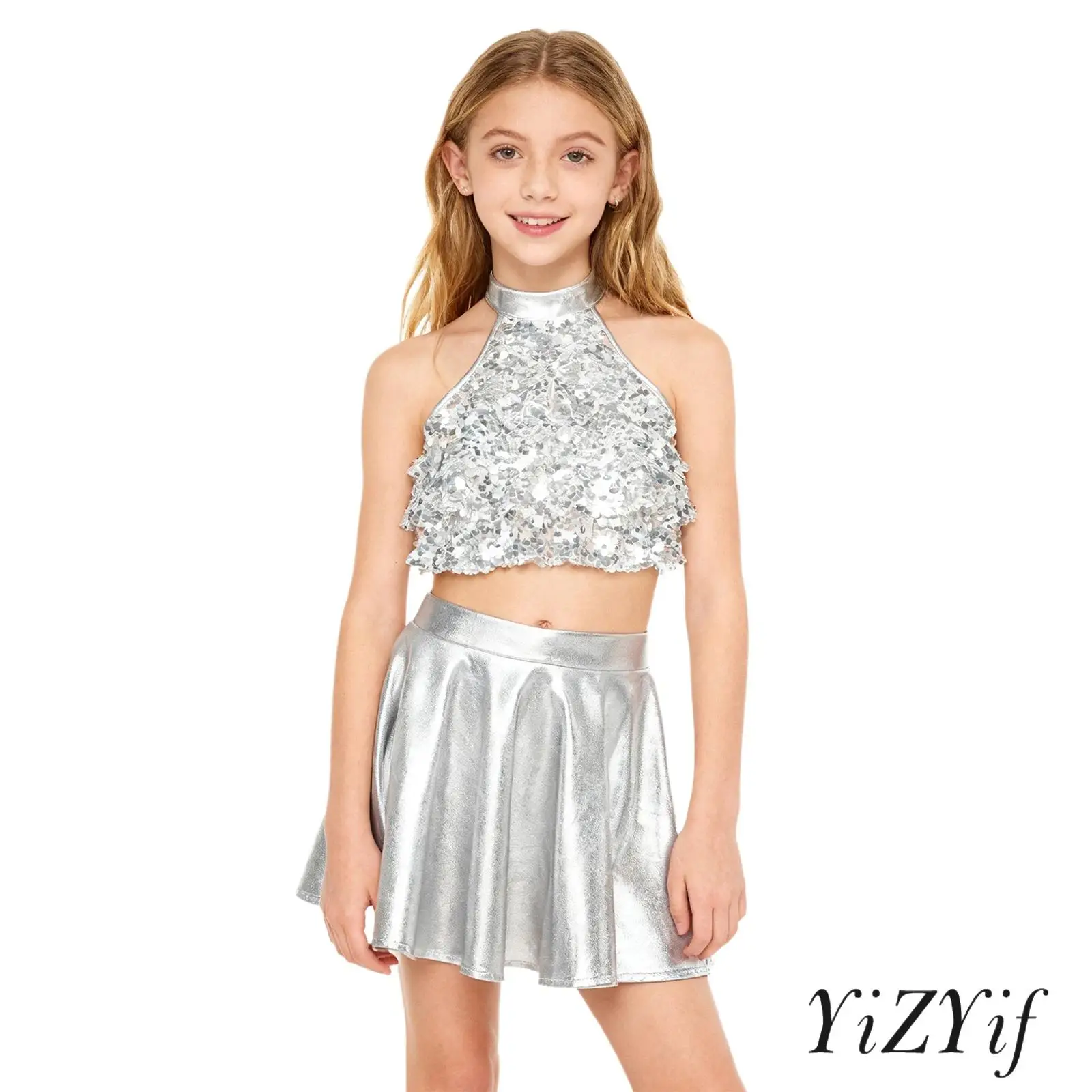 

Girls Disco Jazz Belly Dance Outfit Sleeveless Mock Neck Shiny Sequins Tiered Crop Top+Metallic Ruffled Skirt Latin Dancewear