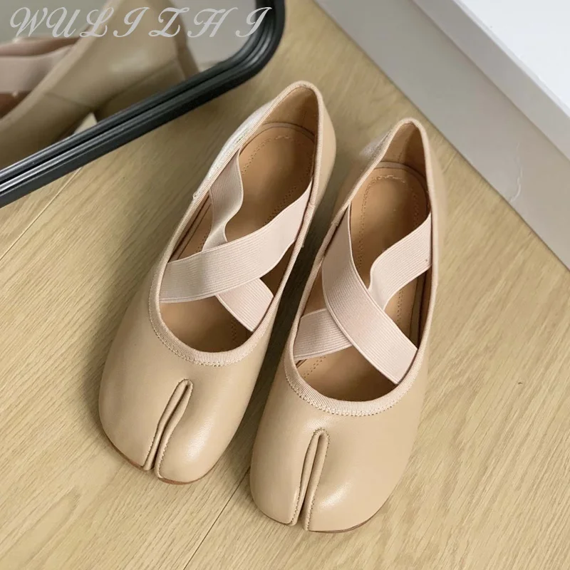 Khaki Roman Split Toe Pumps Tabi Low Heel Casual Sheepskin Chunky Heel Ballet Shoes Women's Comfortable Elastic Band Loafers