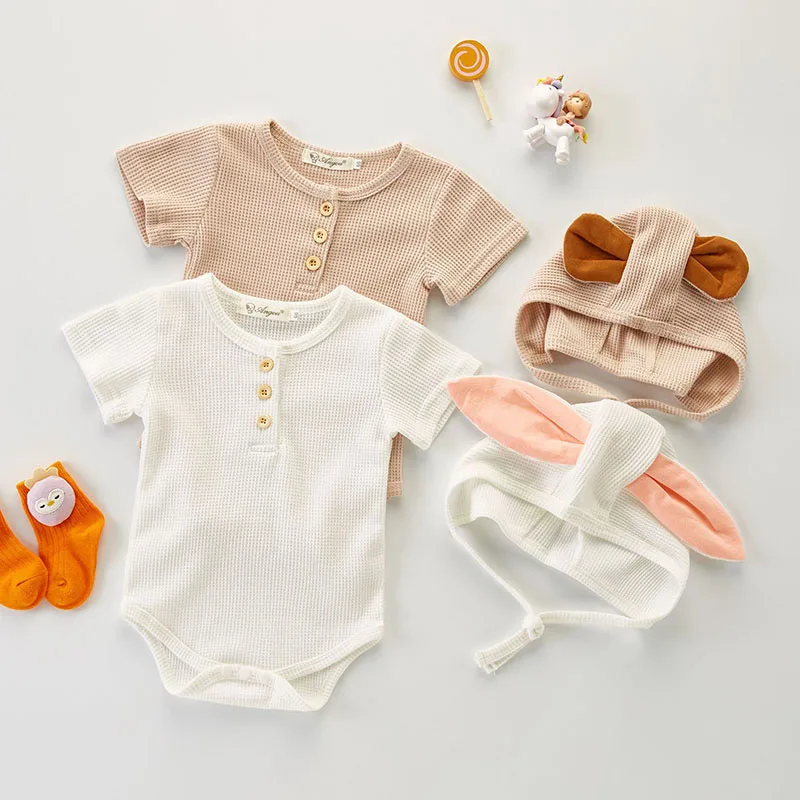 

Summer Infant Baby Girls Short Sleeve Pure Color Jumpsuit + Hat Newborn Kids Baby Girls Clothes Rompers Kids Baby Girl Rompers