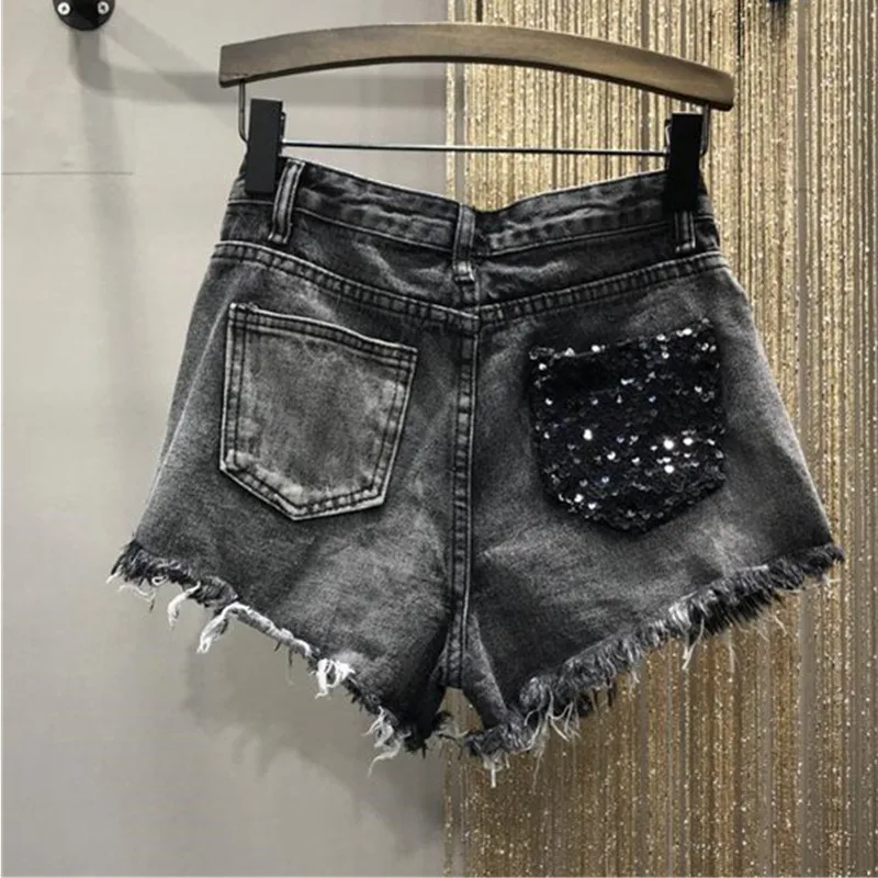 Sommer Pailletten Denim Shorts frauen Hohe Taille Große Größe Loch Mode Patchwork Shorts Mädchen High Street A-line Hot Pants