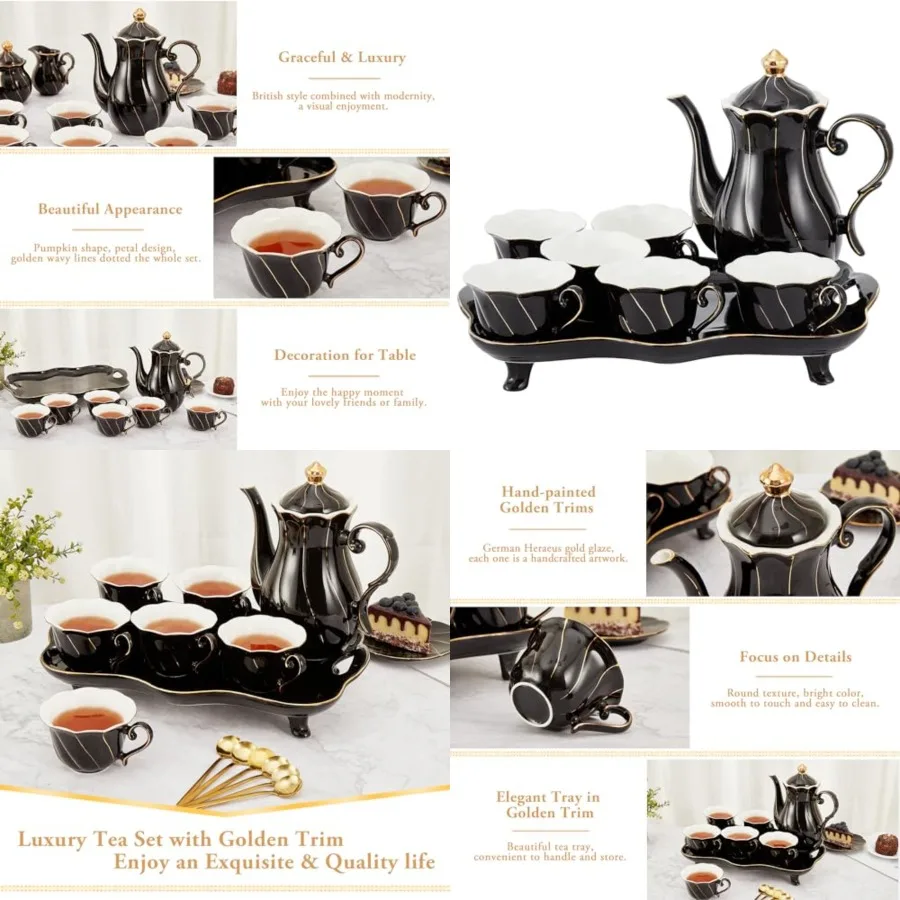 

14 pcs Tea Set of 6 with Tea Tray and Spoons, Modern Diamond Design Tea/Coffee Cup Set with Golden Trim, Chic Porcelain Living