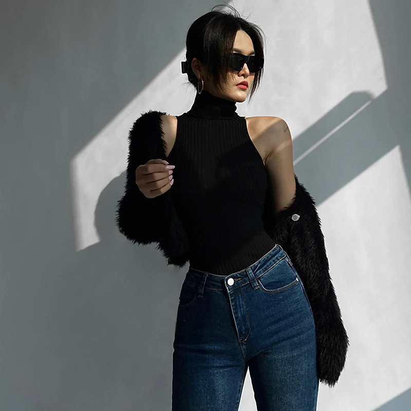 

Женские однотонные вязаные топы без рукавов в рубчик, облегающие майки, летний жилет с высоким воротом, клубная одежда