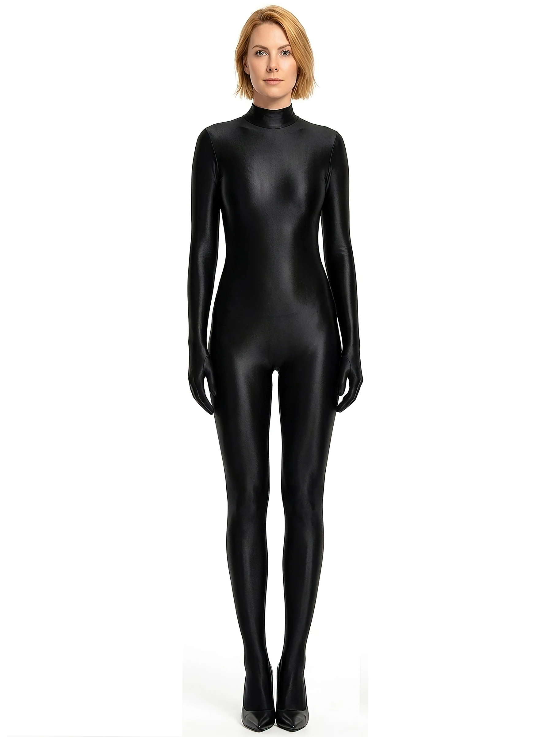 Metelam Unisex Glossy One-piece Wet-look Satin Long Sleeve Footed Catsuit  Turtleneck Zipper Back Leotard  with Finger Gloves