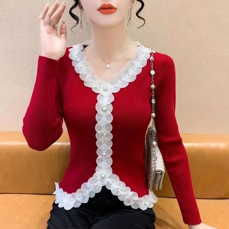 

Spring Autumn fashion New Splicing Lace Pullover Sweater Women 2025 Casual All-Match V-neck Bottoming Shirt Knitwear Ladies Top