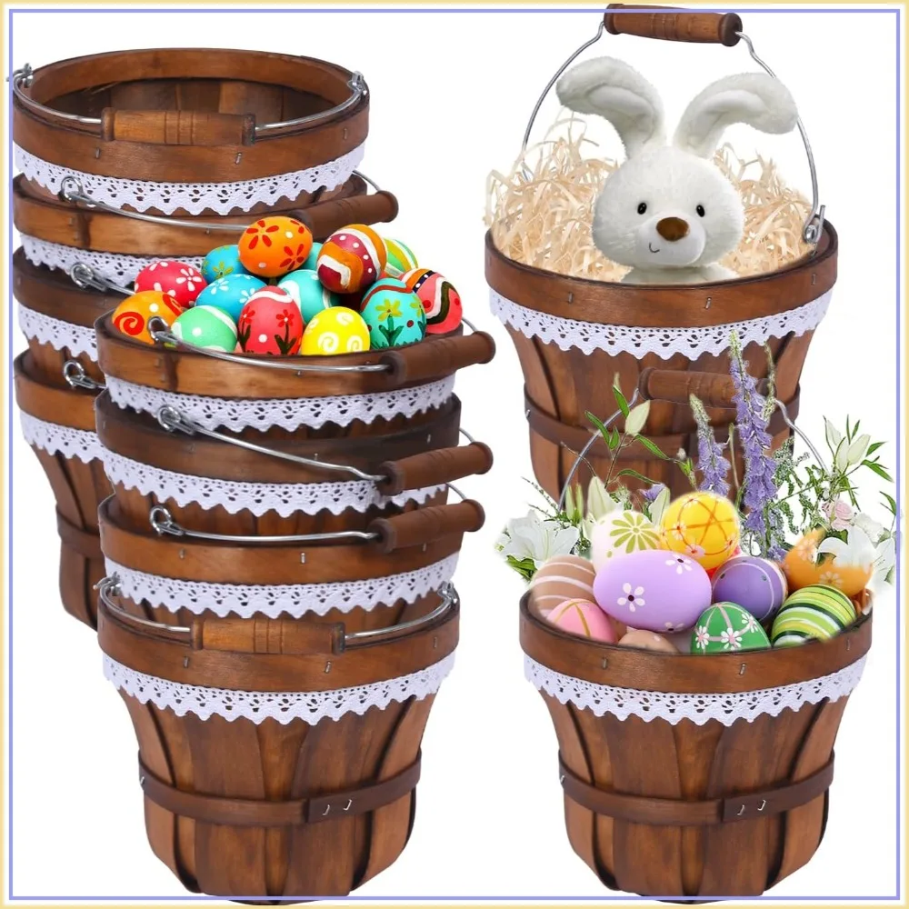 Rustic Wooden Apple Basket 7x6 Inch, Round Picnic Basket for Easter, Garden, Farm, Wedding, Flower, 10pcs