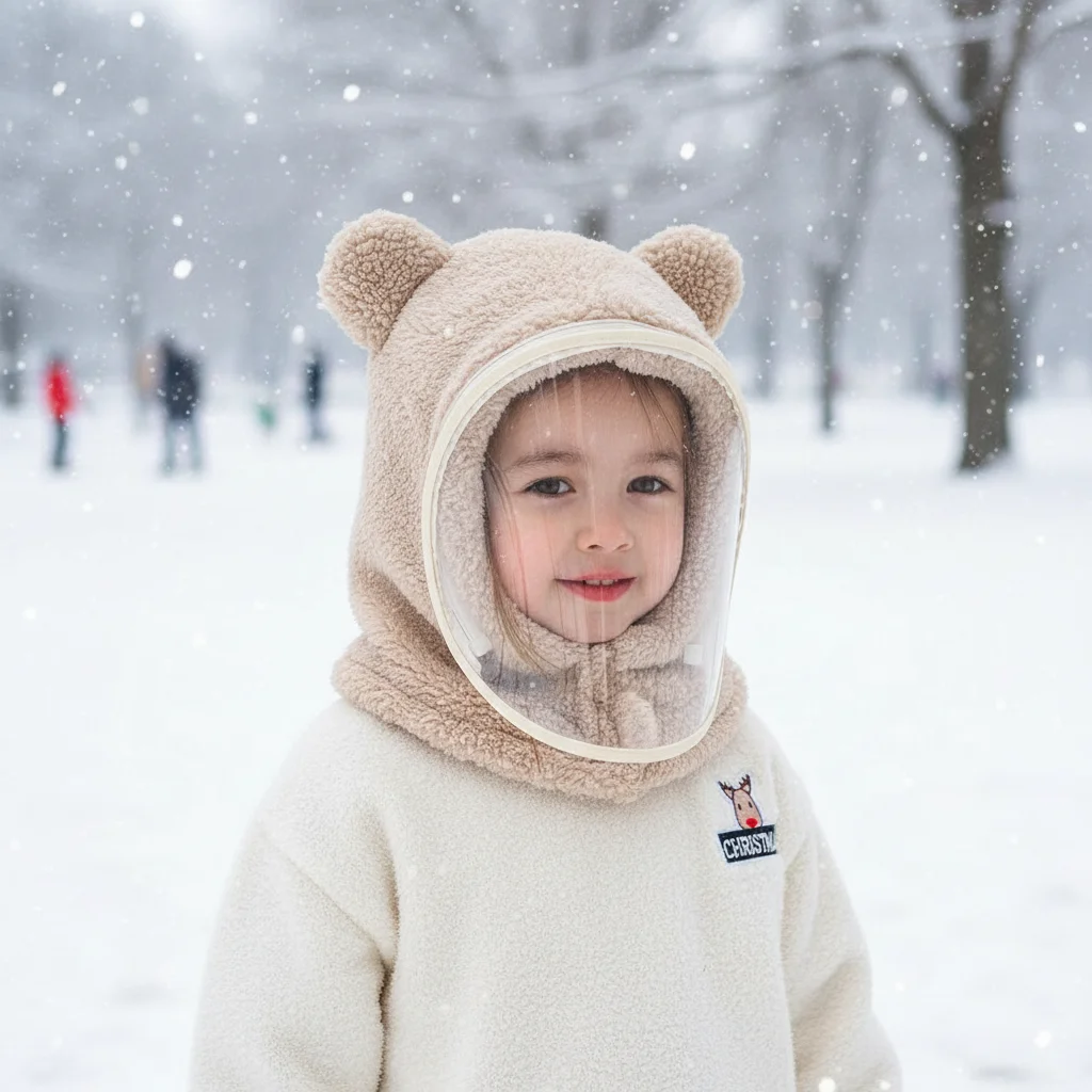 

Теплая шапка для ушей с мультяшным медведем, защита ушей, защита от холода, ветрозащитная шапка, утолщенная со съемной маской, цельные шапки из искусственного меха