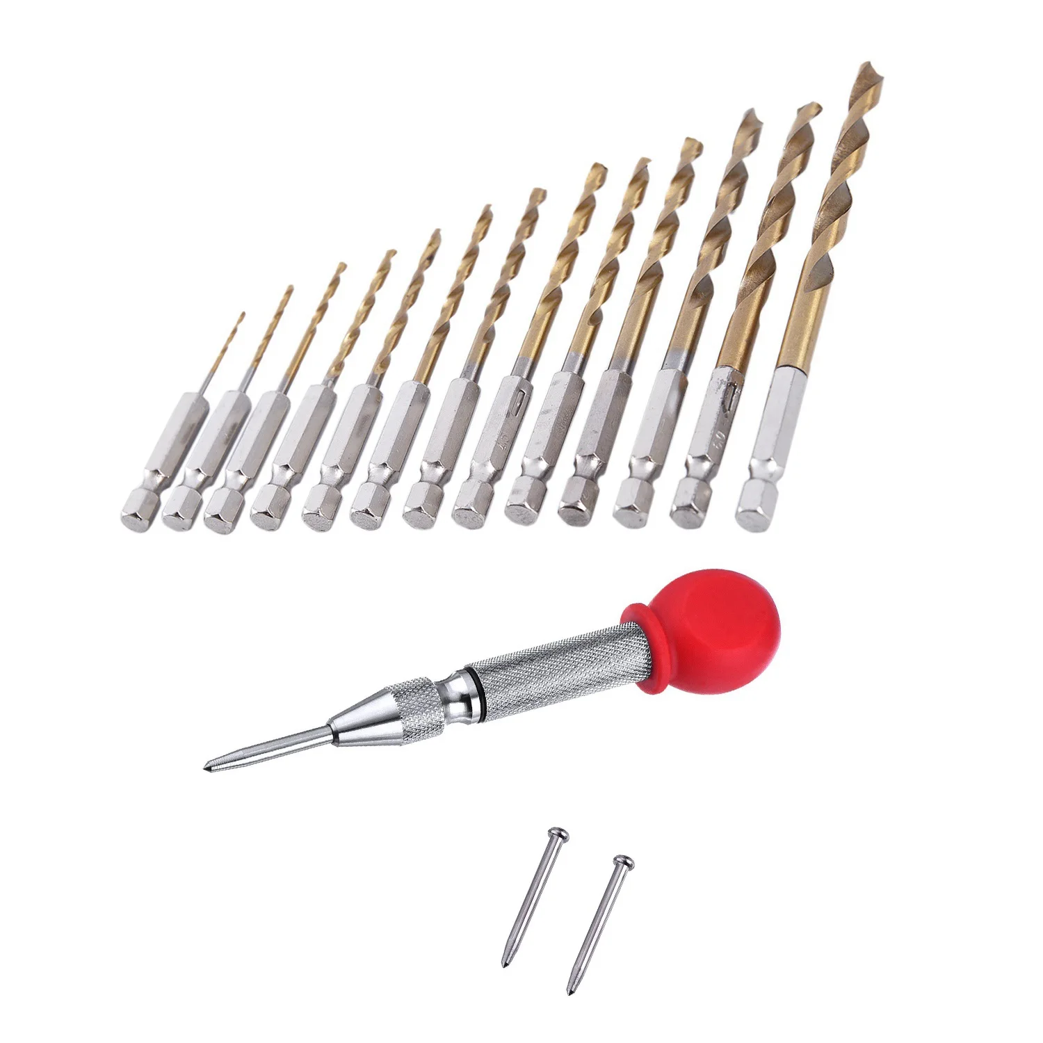 ABJI-13Pc HSS Titanium Coated Drill Bit Set With 1/4Inch Hex Shank With 5 Inch Automatic Center Hole Punch Marker Scriber