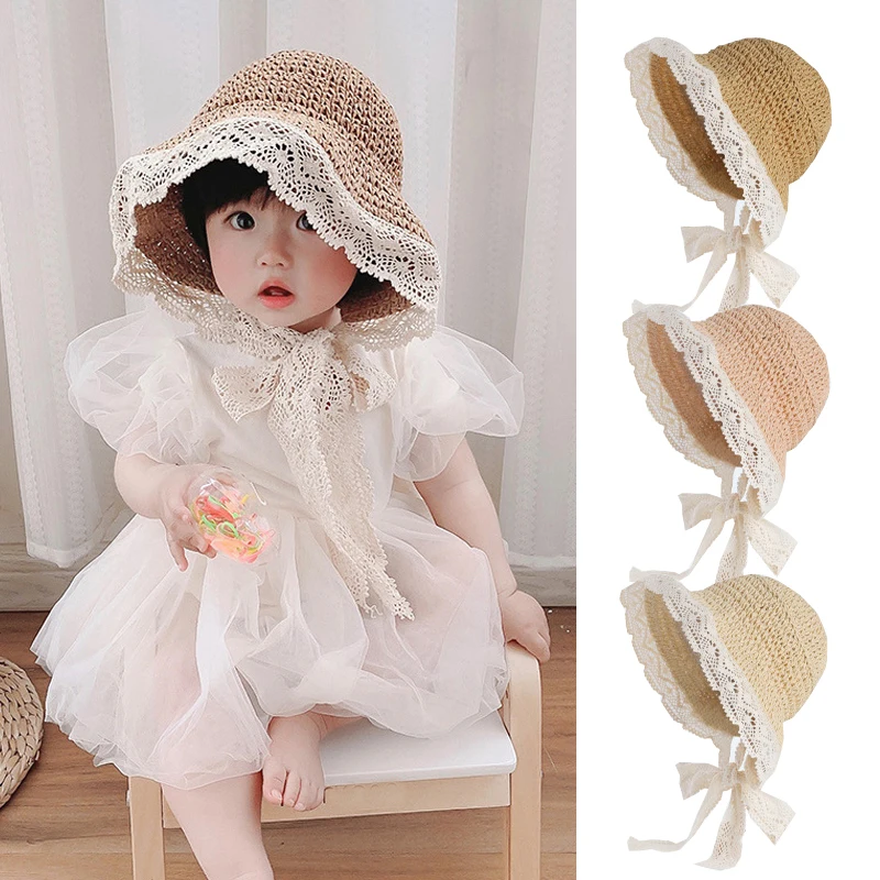 Summer Baby Sun Hat Lace Straw Kids Bucket Hats for Girls Accessories Beach Travel Children Cap Princess Baby Girl Hat 2-5Y