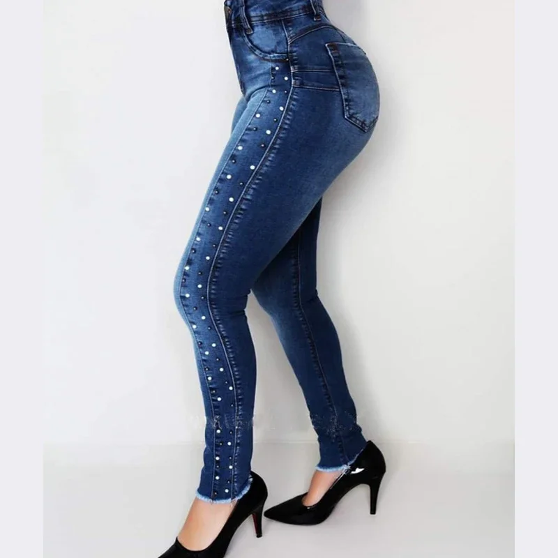 Jeans Pants Woman High Waist Slim Skinny Elastic Denim Trousers Femme Vintage Blue Beading Push Up Pencil Jeans