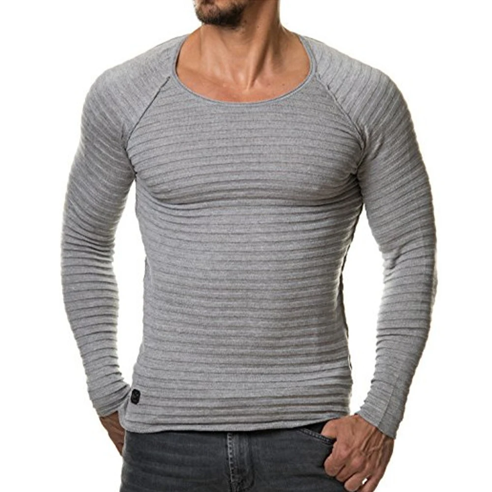 Camisola de malha de manga comprida com decote em O masculino, suéter monocromático, camiseta clássica, pulôver casual slim fit, preto, marinho, verde