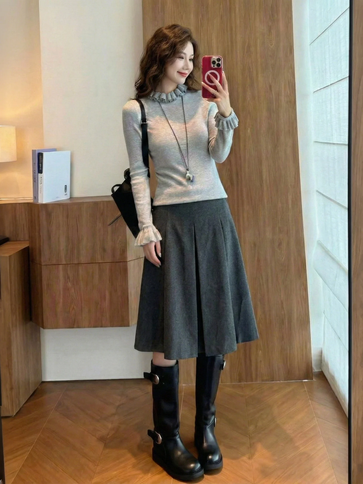 

High Waist A-Line Skirt ey Wool Blend Pleated Women's Midi Skirt Autumn Winter New Sle Side Zipper Layered Skirt
