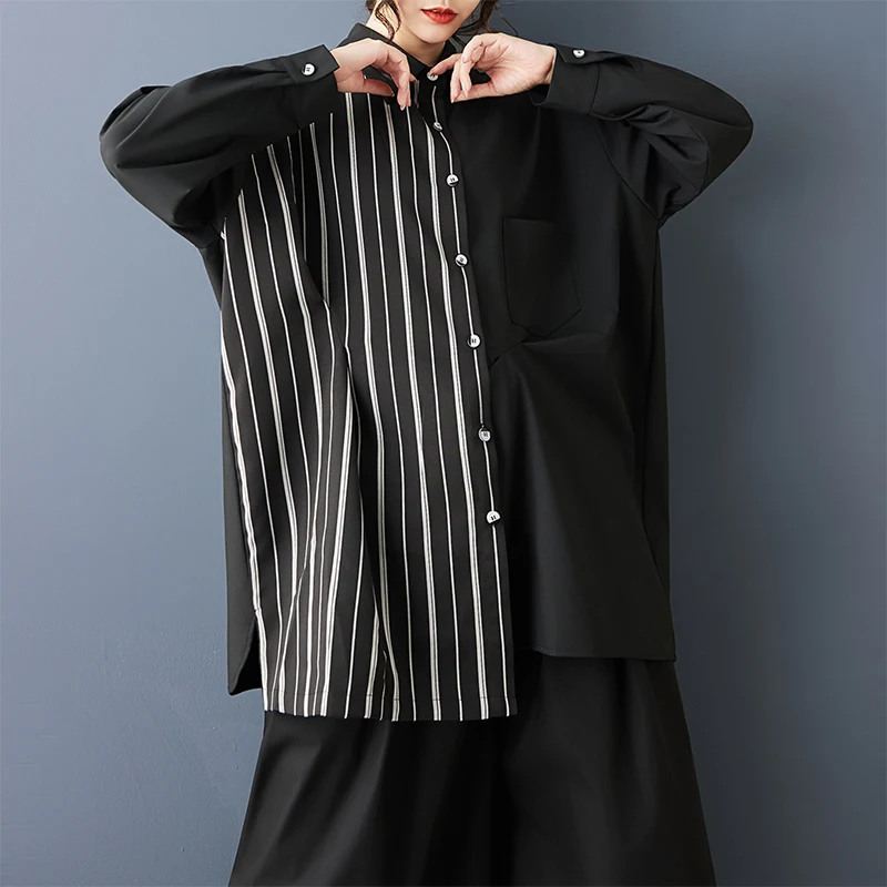 

Women's Mid-Length irt 2026 Spring Season Commute Sle k Sle Striped Jaet Splicing Long Sve Pure Color irt