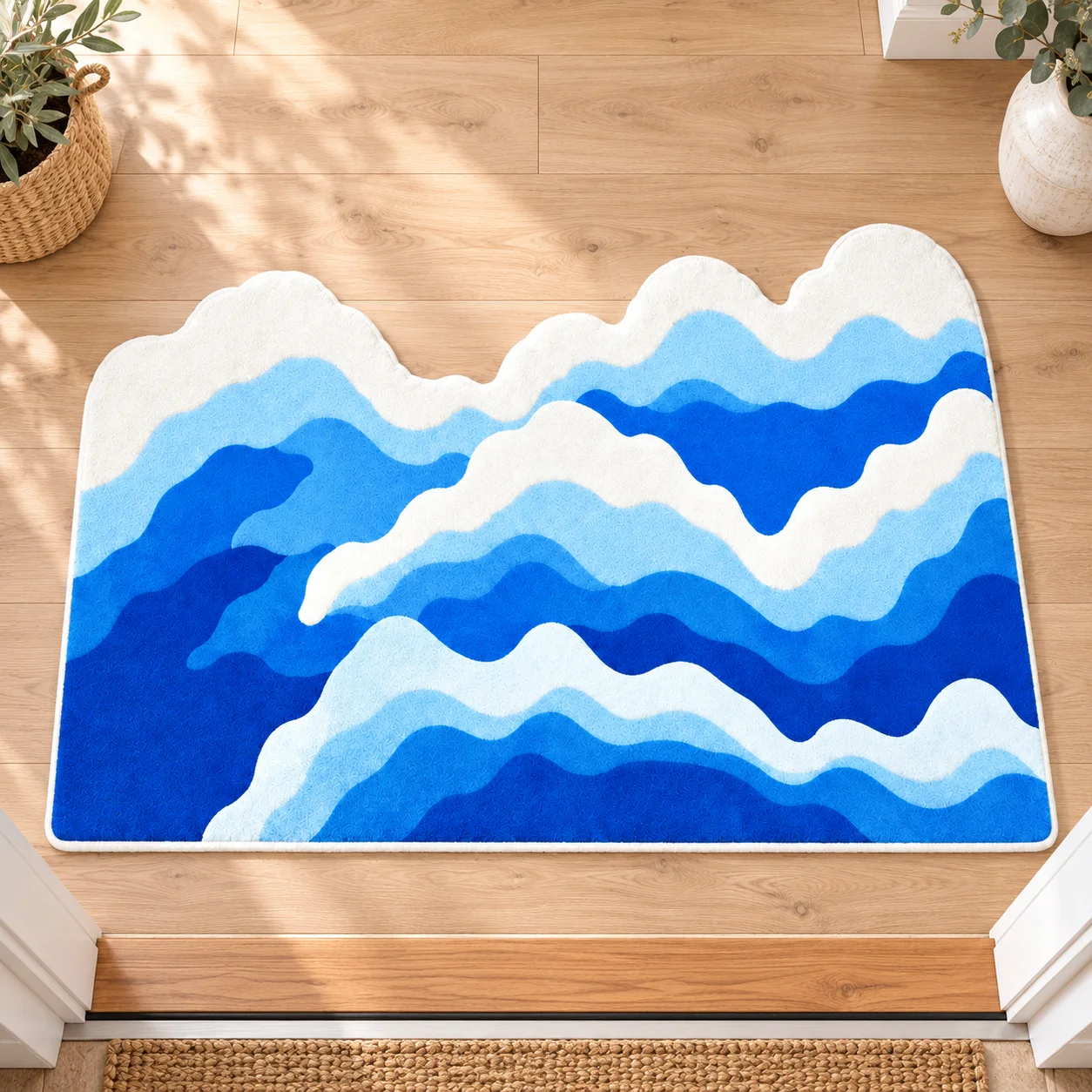 Blue Layered Ocean Wave Shaped Area Rug, Coastal Floor Mat for Bedroom, Bathroom, Living Room, Entryway and Beach House Decor