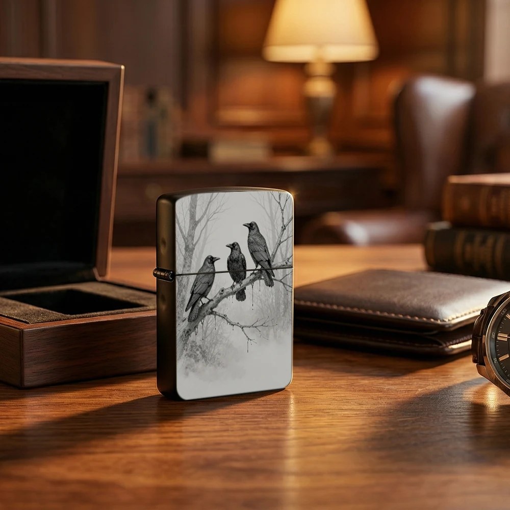 Sketch Art Style lighters vintage Flip Top Lighter Crows Perched On Dead Branch Forest Scene Art Print lighters for smokers