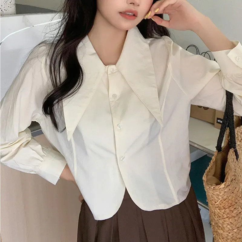 Elegant Fashion Harajuku Slim Fit Female Clothes Loose Casual All Match Tops Solid Doll Collar Button Sweat Long Sleeve Blusa