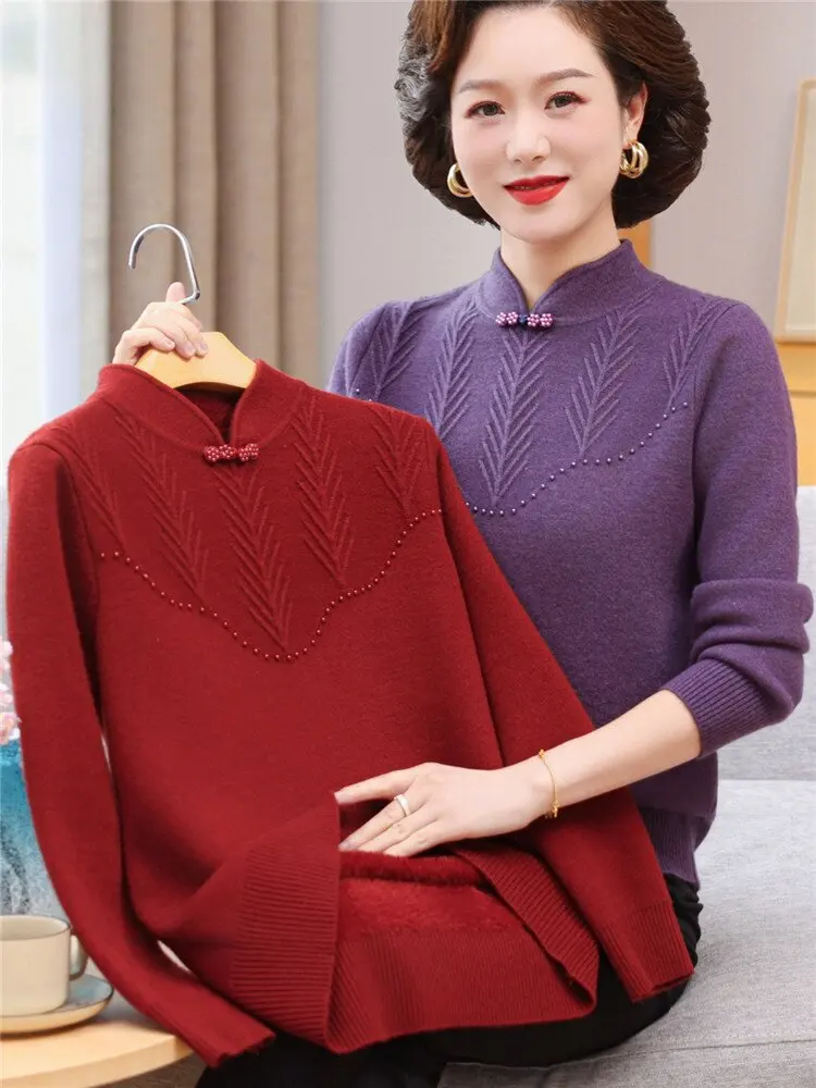 Chinese Style Fleece Lined Knitwear Top for Women Maternity Clothes Middle Aged and Elderly Base Layer Shirt Artistic Retro XT29